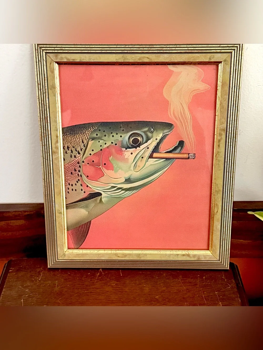 Trout Fish Smoking a Cigarette Vintage Style Canvas Wall Art Print Gold Framed